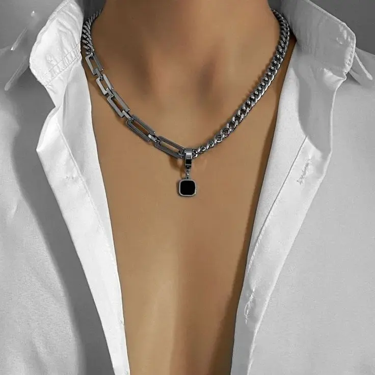 Women's & Men's Hip Hop Titanium Steel Chain Stitching Simple Black N.webp